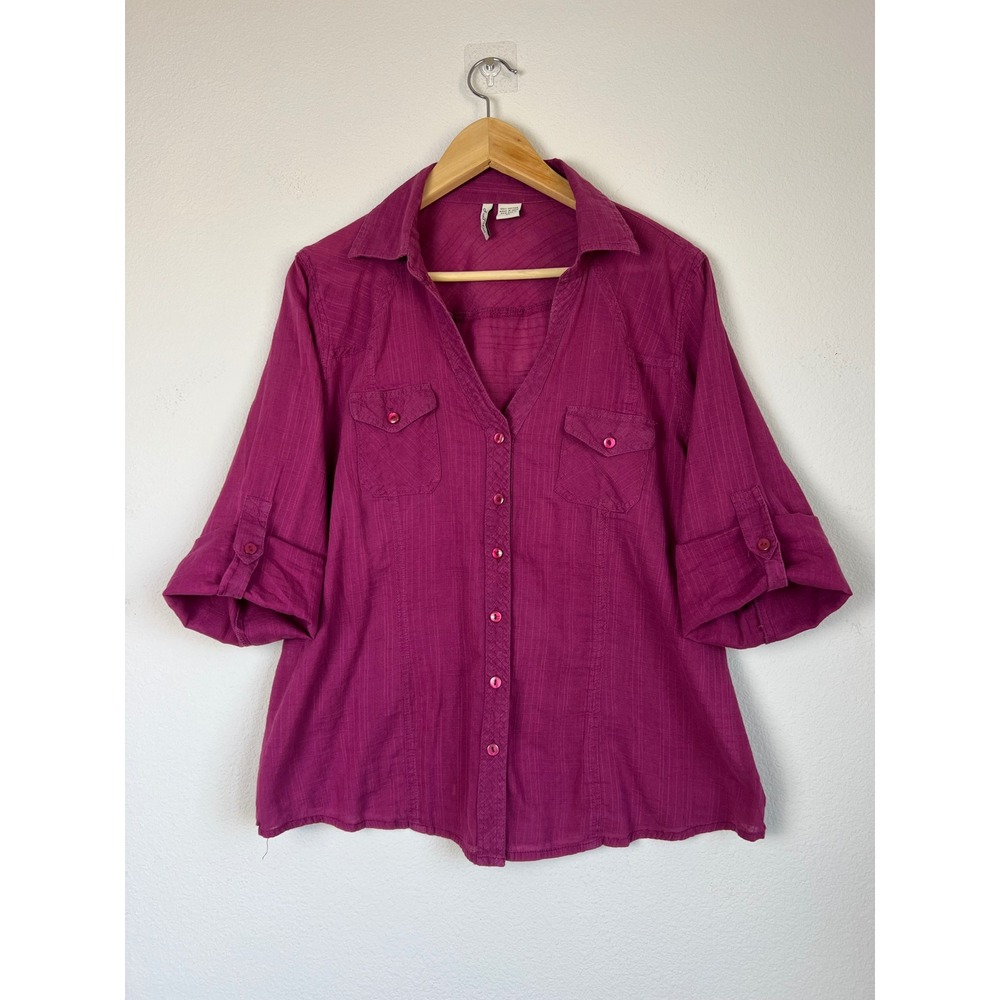 Love Potion XL Fuchsia Cotton Gauze Button Front Roll Sleeve Boho Shirt Women